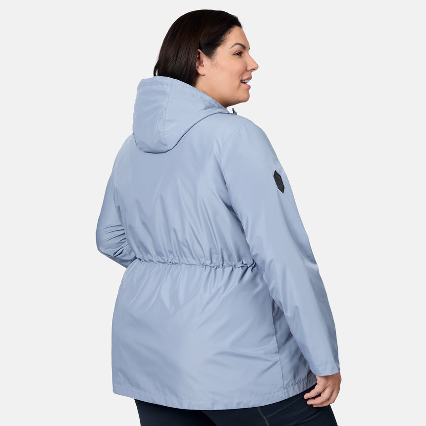 [Melissa is 5'10" wearing size 1X] Person wearing a light blue rain jacket on a white background