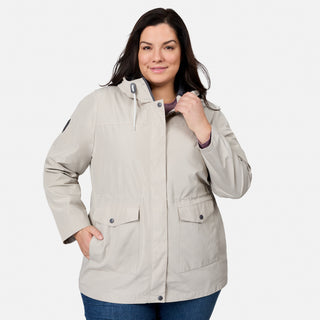 [Melissa is 5'10" wearing size 1X] Woman wearing a beige jacket on a white background