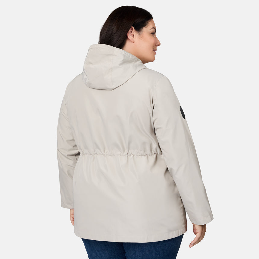 [Melissa is 5'10" wearing size 1X] Woman wearing a beige parka jacket on a white background