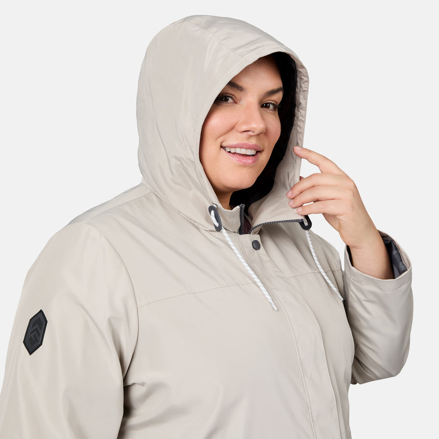 [Melissa is 5'10" wearing size 1X] Woman wearing a beige hooded jacket on a white background