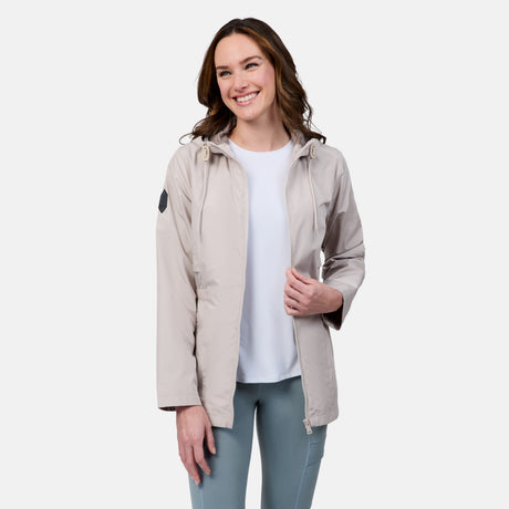 [Emily is 5'9" wearing size S] Woman wearing a beige jacket on a white background