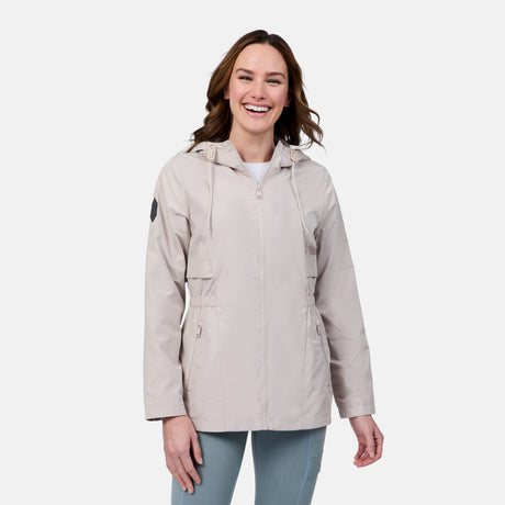 [Emily is 5'9" wearing size S] Woman wearing a beige hooded jacket on a white background