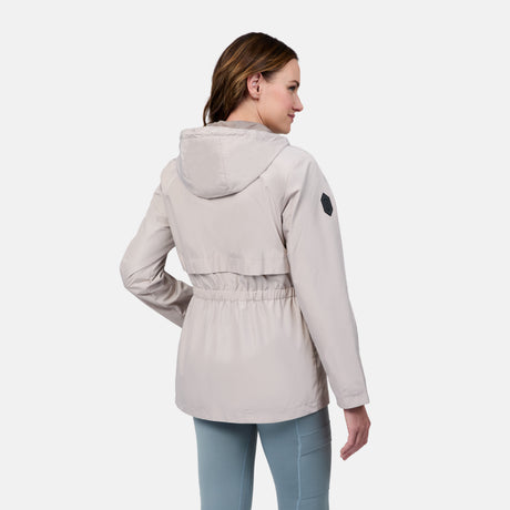 [Emily is 5'9" wearing size S] Woman wearing a beige jacket on a white background