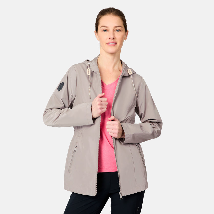[Kaitlyn is 5'9" wearing size S] Woman wearing a gray jacket over a pink shirt on a white background