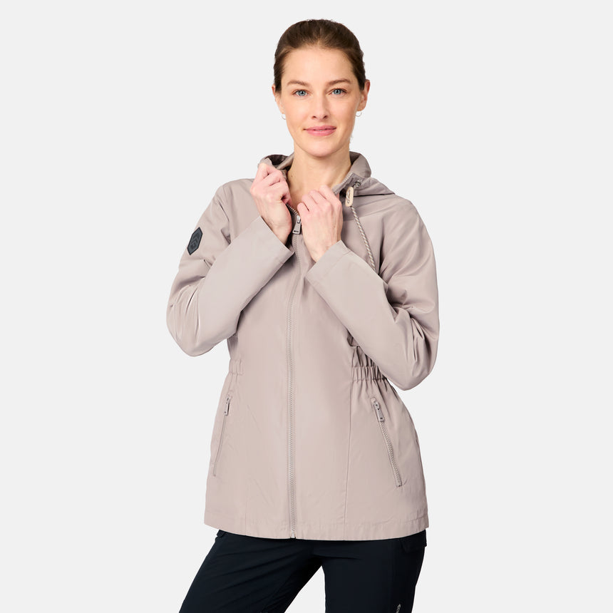 [Kaitlyn is 5'9" wearing size S] Woman wearing a beige jacket on a white background