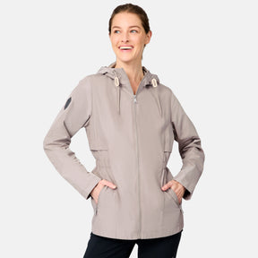 [Kaitlyn is 5'9" wearing size S] Woman wearing a beige raincoat on a light gray background