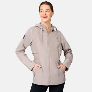 [Kaitlyn is 5'9" wearing size S] Woman wearing a beige raincoat on a light gray background