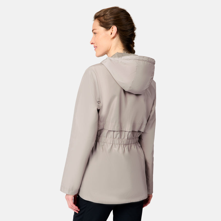 [Kaitlyn is 5'9" wearing size S] Woman wearing a gray hooded jacket on a white background