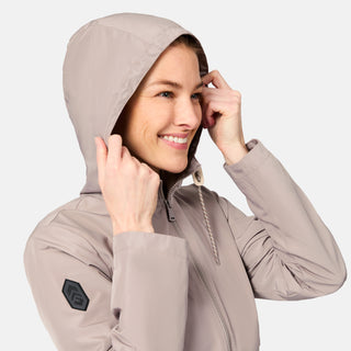 [Kaitlyn is 5'9" wearing size S] Woman wearing a beige hooded jacket on a light gray background