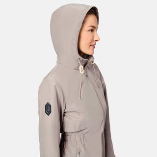 [Kaitlyn is 5'9" wearing size S] Person wearing a beige hooded jacket on a light gray background