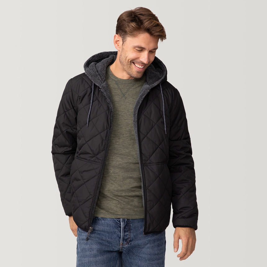 [Matt is 6'2" wearing a size Medium.] Men's Atlas Hooded Quilted Reversible Sherpa Jacket - Black #color_black