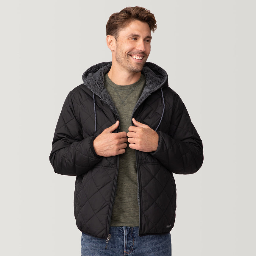 [Matt is 6'2" wearing a size Medium.] Men's Atlas Hooded Quilted Reversible Sherpa Jacket - Black #color_black