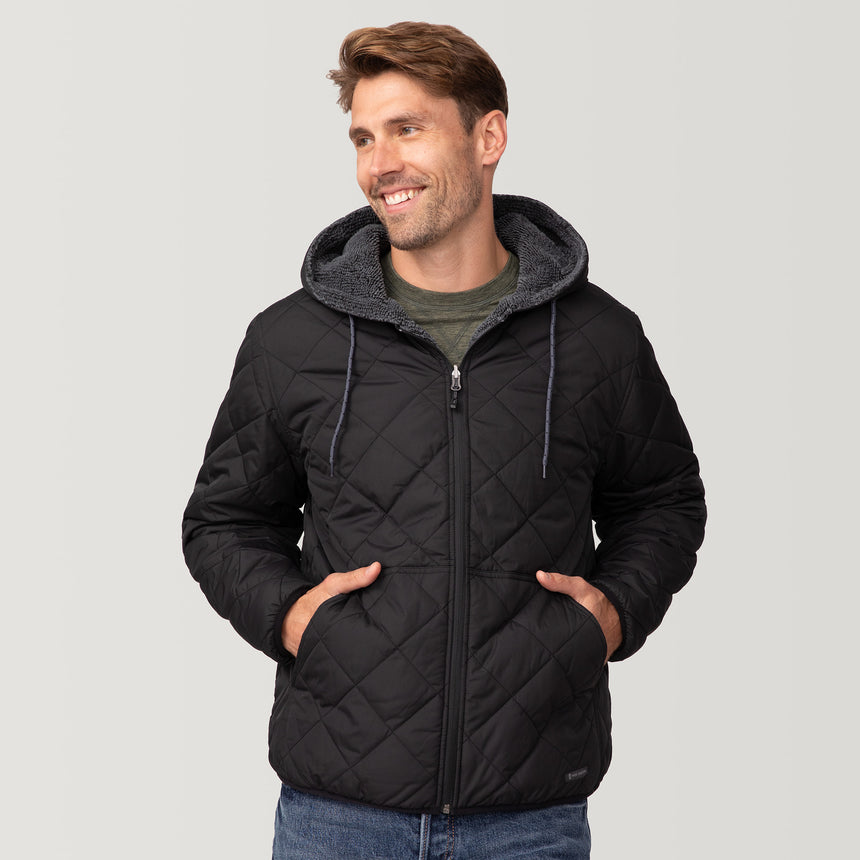 [Matt is 6'2" wearing a size Medium.] Men's Atlas Hooded Quilted Reversible Sherpa Jacket - Black #color_black