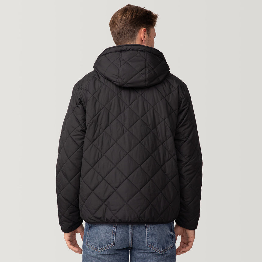 [Matt is 6'2" wearing a size Medium.] Men's Atlas Hooded Quilted Reversible Sherpa Jacket - Black #color_black