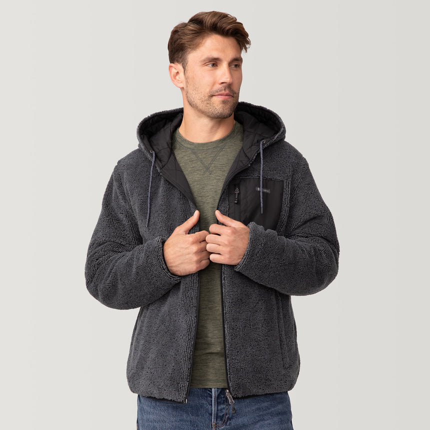 [Matt is 6'2" wearing a size Medium.] Men's Atlas Hooded Quilted Reversible Sherpa Jacket - Black #color_black