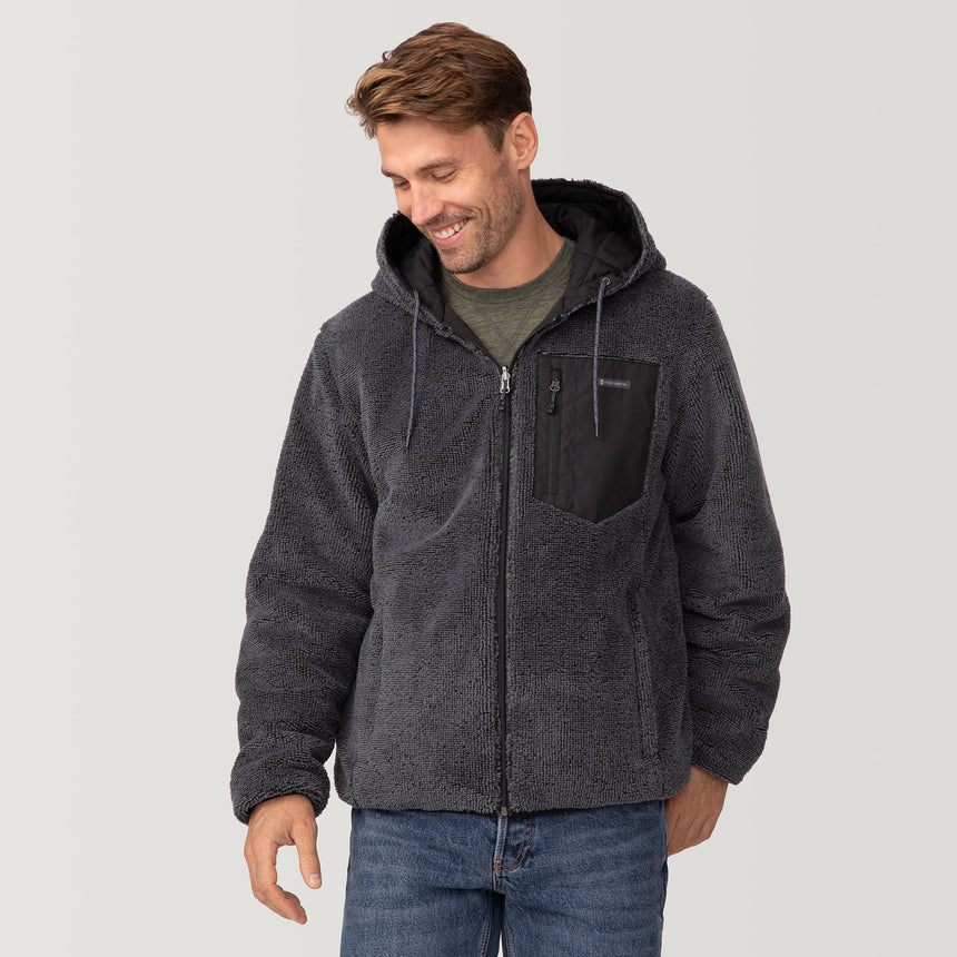 [Matt is 6'2" wearing a size Medium.] Men's Atlas Hooded Quilted Reversible Sherpa Jacket - Black #color_black