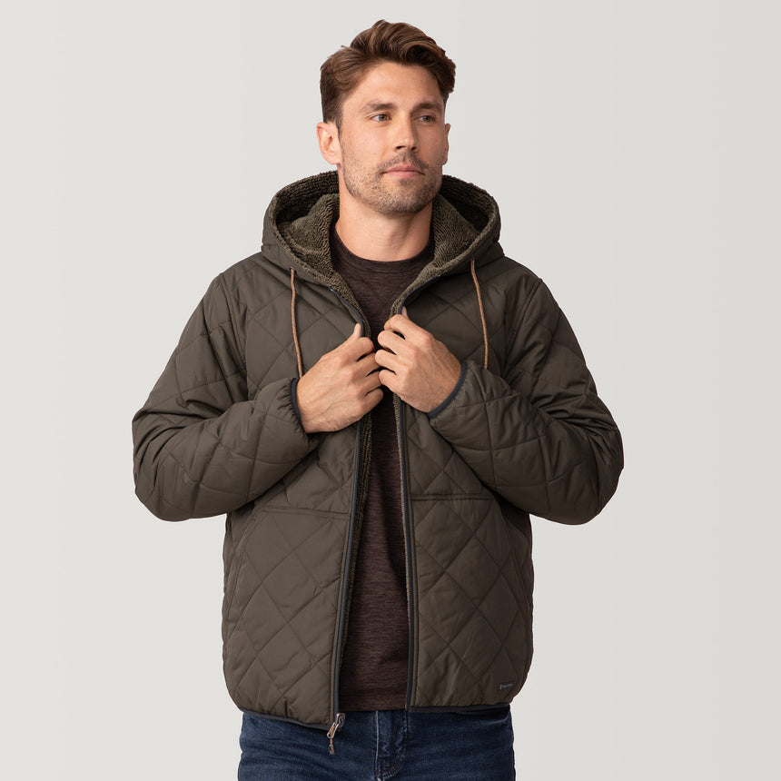 [Matt is 6'2" wearing a size Medium.] Men's Atlas Hooded Quilted Reversible Sherpa Jacket - Olive #color_olive