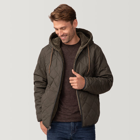 [Matt is 6'2" wearing a size Medium.] Men's Atlas Hooded Quilted Reversible Sherpa Jacket - Olive #color_olive