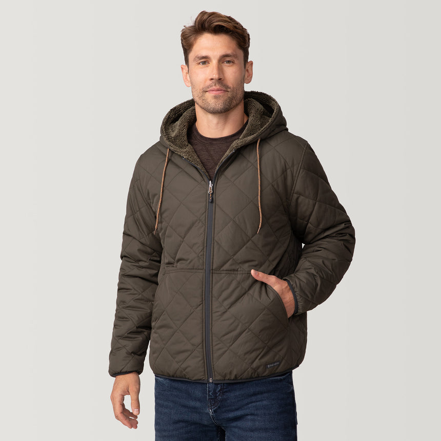 [Matt is 6'2" wearing a size Medium.] Men's Atlas Hooded Quilted Reversible Sherpa Jacket - Olive #color_olive