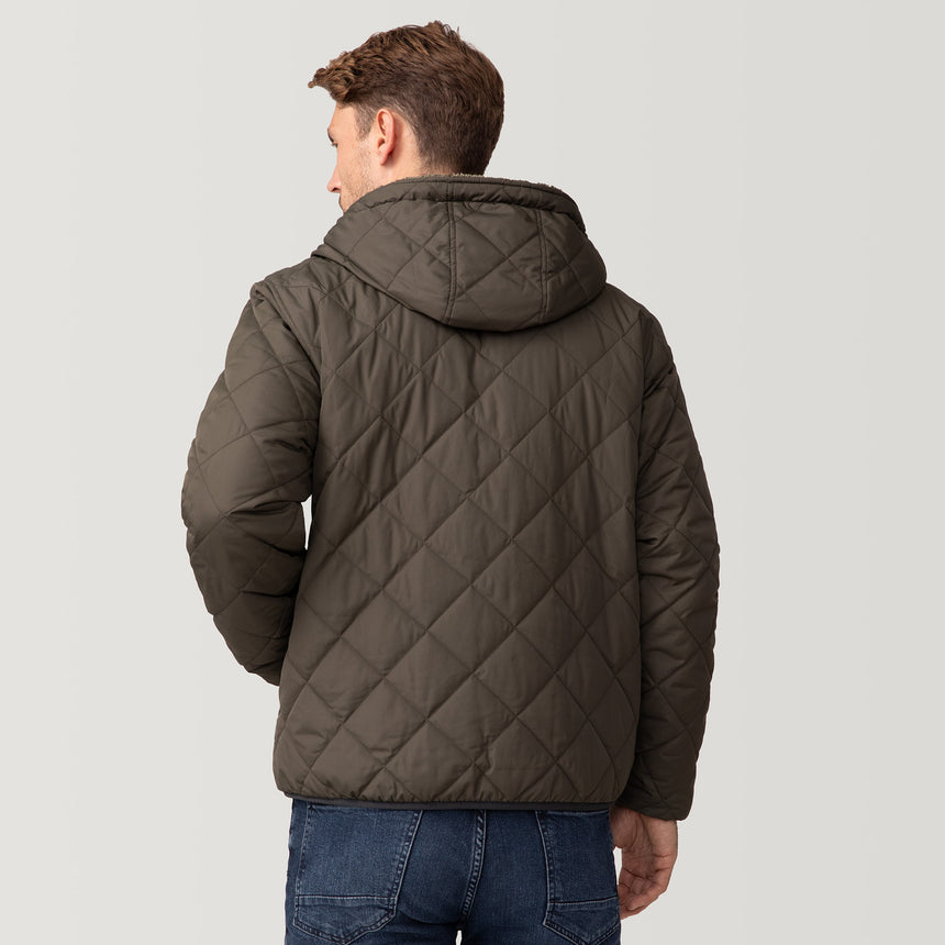 [Matt is 6'2" wearing a size Medium.] Men's Atlas Hooded Quilted Reversible Sherpa Jacket - Olive #color_olive