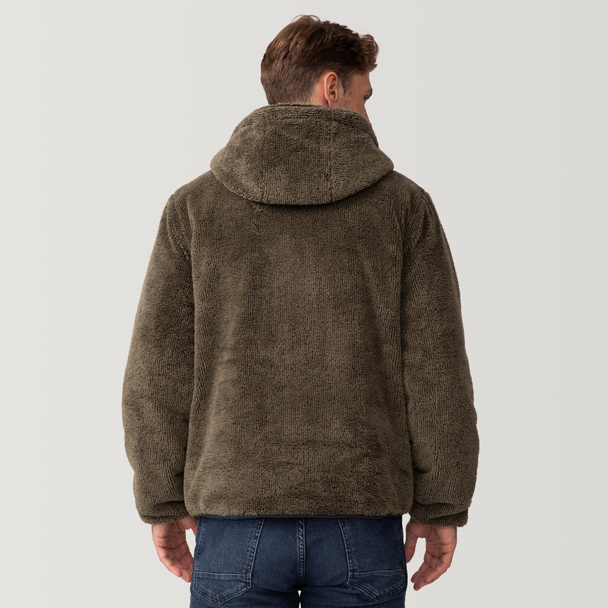 [Matt is 6'2" wearing a size Medium.] Men's Atlas Hooded Quilted Reversible Sherpa Jacket - Olive #color_olive