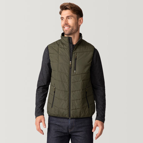 [Matt is 6'2" wearing a size Medium.] Men's FreeCycle® Stimson Puffer Vest - Dark Olive - M #color_dark-olive