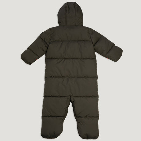Free Country Kids' Infant Lightweight Quilted Puffer Snow Suit in dark green, featuring wide channel quilting, sherpa lining, dual zippers, and fold-over mittens and booties for warmth and easy dressing.
