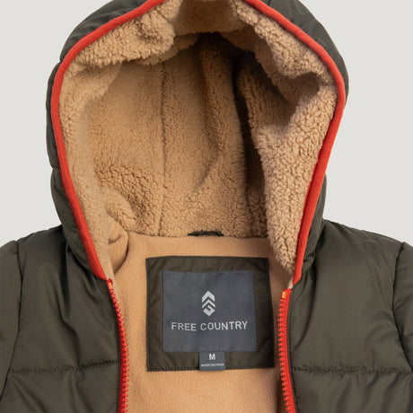 Free Country Kids' Infant Lightweight Quilted Puffer Snow Suit in dark green, featuring wide channel quilting, sherpa lining, dual zippers, and fold-over mittens and booties for warmth and easy dressing.