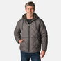 [Kolby is 6'2" wearing size M.] Men’s Free Country grey quilted hooded jacket with full-zip closure, adjustable drawstring hood, and dual hand pockets—reversible to a plush sherpa lining for enhanced warmth and cozy comfort. Styled over a dark crewneck and jeans for an effortlessly rugged, cold-weather vibe.