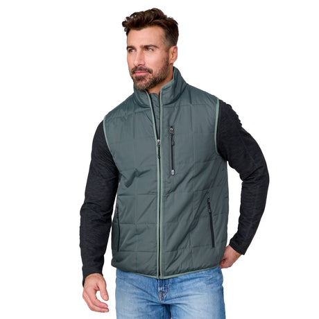 [Justin is 6'1" wearing size M.] Man wearing a gray puffer vest over a black shirt on a white background