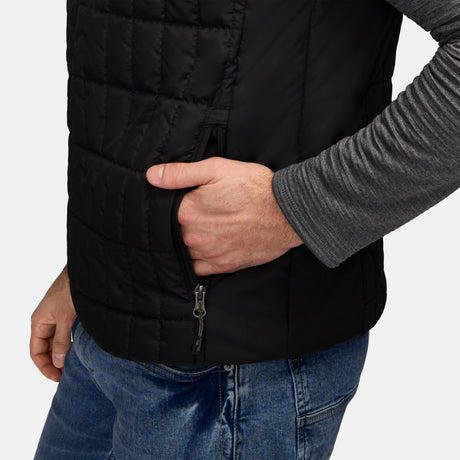 Back view close up of the black Sperrin quilted vest showing vertical stitching and a visible zipper