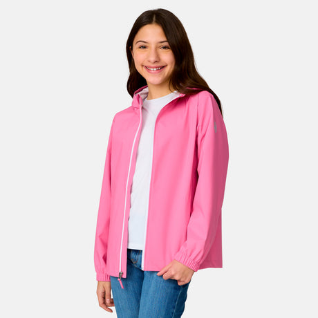 [Model is wearing a size Medium.] Girl wearing the Free Country Girls' Recess X2O Rain Jacket in Rosie, size M, featuring lightweight stretch weatherproof fabric and a full length zipper and attached hood, paired with blue jeans #color_ rosie