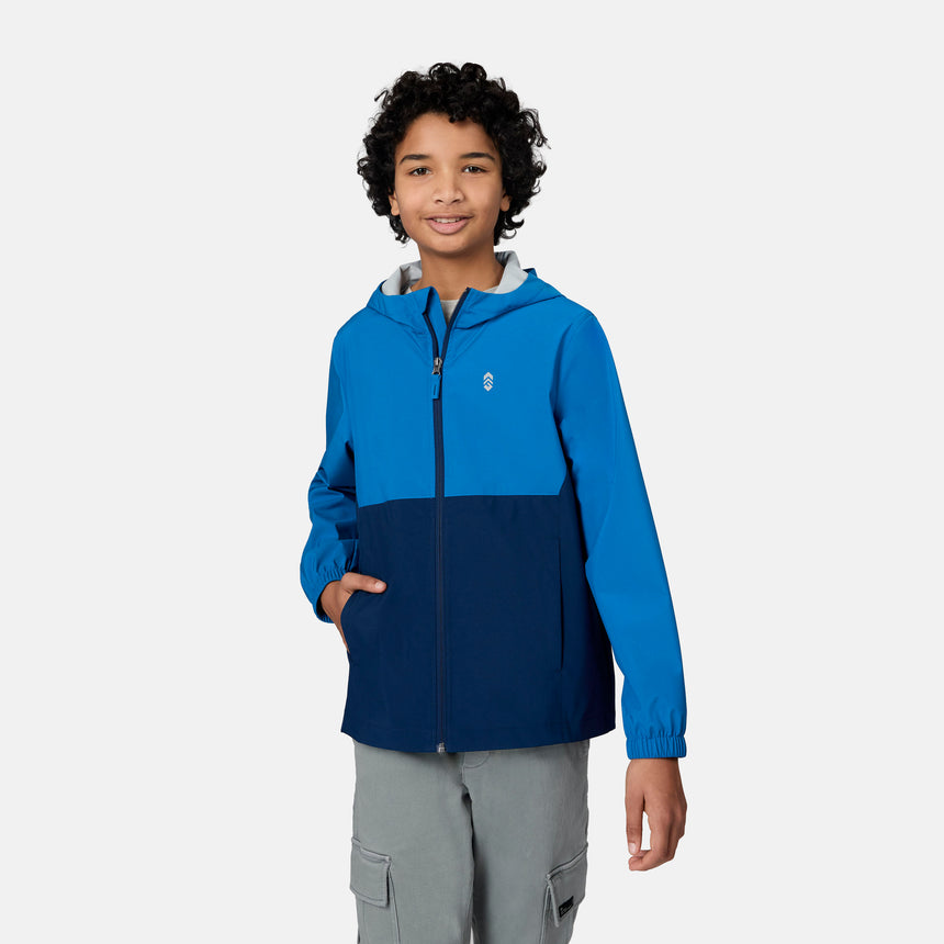 [Emporer is wearing size 10/12] Child wearing a blue and navy jacket on a white background