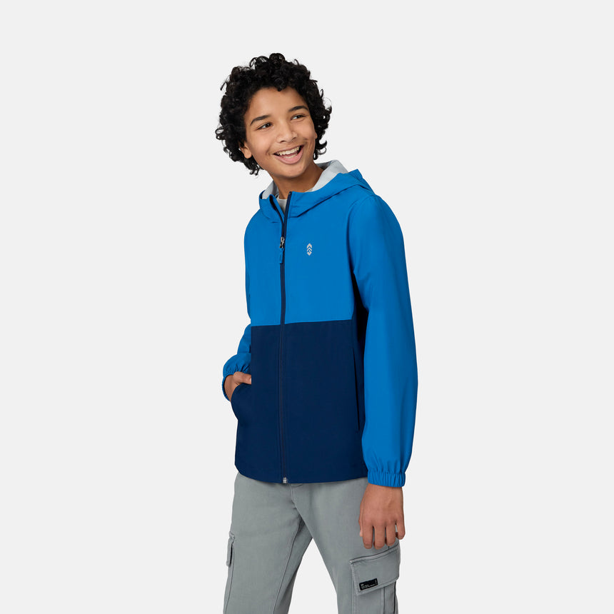 [Emporer is wearing size 10/12] Child wearing a blue and navy jacket on a white background