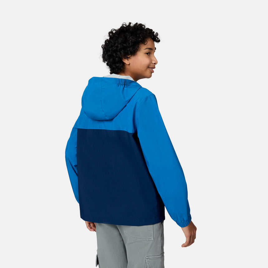 [Emporer is wearing size 10/12] Child wearing a blue and navy jacket on a white background