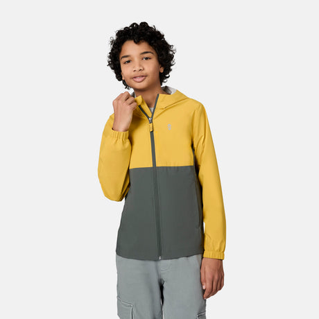 [Emporer is wearing size 10/12] Child wearing a two-tone yellow and gray jacket on a white background