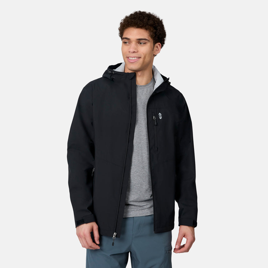 [Ikce is 6’1" wearing size M] Man wearing a black rain jacket on a white background