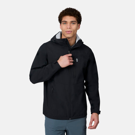 [Ikce is 6’1" wearing size M] Man wearing a black rain jacket on a white background