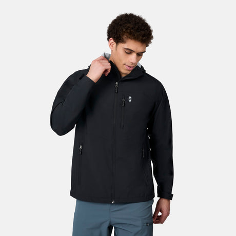 [Ikce is 6’1" wearing size M] Man wearing a black rain jacket on a white background