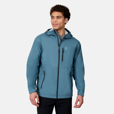 [Ikce is 6’1" wearing size M] Man wearing a blue rain jacket on a white background