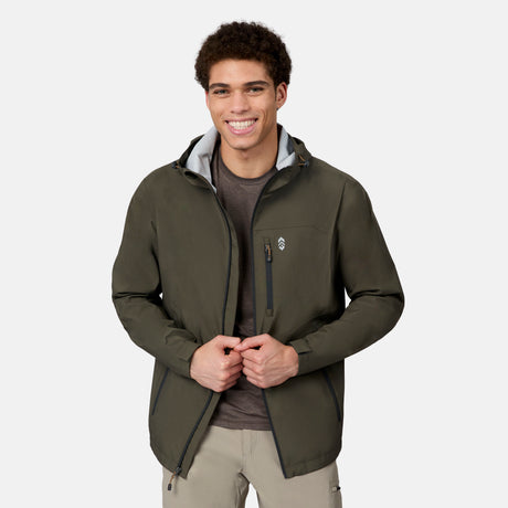 [Ikce is 6’1" wearing size M] Man wearing a green rain jacket on a white background