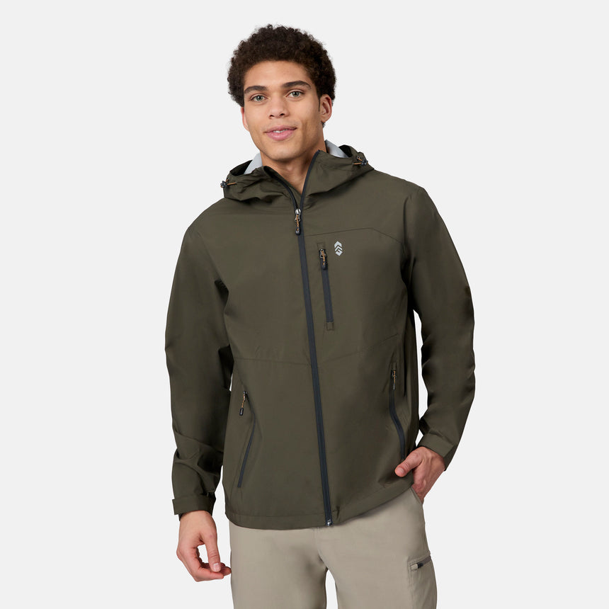[Ikce is 6’1" wearing size M] Man wearing a green rain jacket on a white background