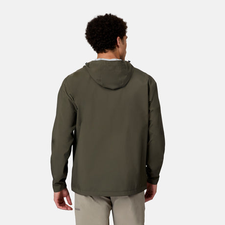 [Ikce is 6’1" wearing size M] Back view of man wearing a green rain jacket on a white background