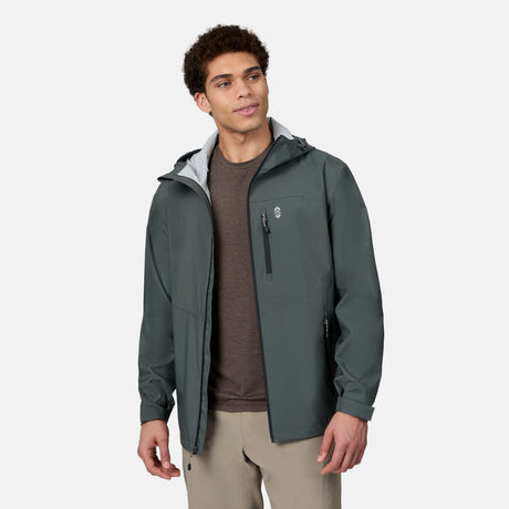 [Ikce is 6’1" wearing size M] Man wearing a gray rain jacket on a white background
