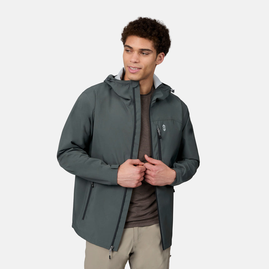 [Ikce is 6’1" wearing size M] Man wearing a gray rain jacket on a white background