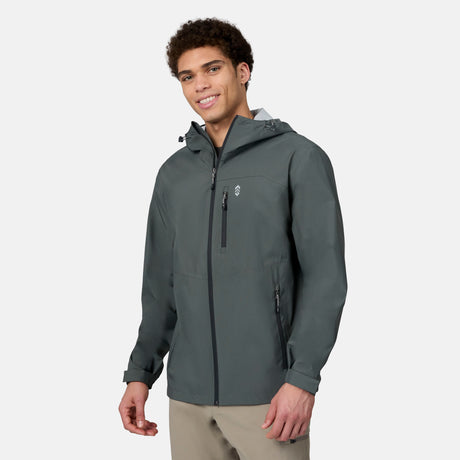 [Ikce is 6’1" wearing size M] Man wearing a gray rain jacket on a white background