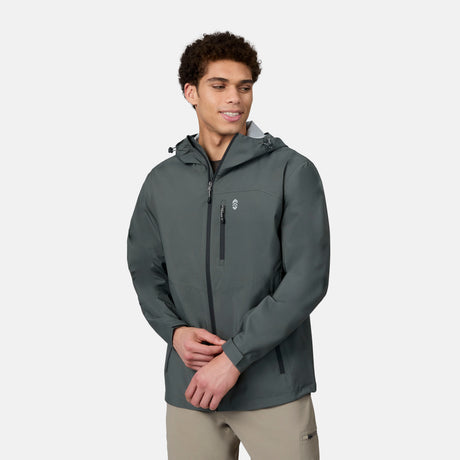 [Ikce is 6’1" wearing size M] Man wearing a gray rain jacket on a white background