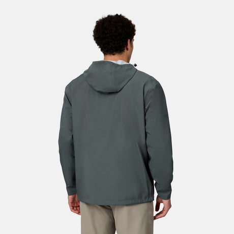 [Ikce is 6’1" wearing size M] Back view of man wearing a gray rain jacket with a hood on a white background