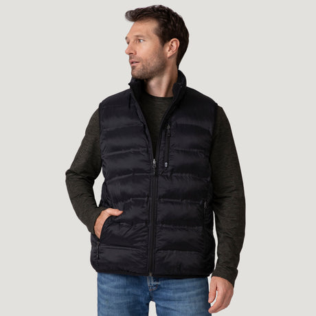 [Vince is 6'1" wearing a size Medium.] Men's Pine Creek Quilted Reversible Vest - Black - M #color_black