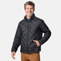 [Kolby is 6'2" wearing size M] Model wearing a black quilted Free Country jacket with diamond-pattern stitching, high stand collar, and zippered chest pocket; paired with brown pants and a blue crewneck tee for a warm, transitional-weather look.